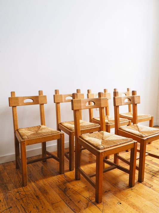 Set of Six Oak Dining Chairs with Rush Seats, c.1950