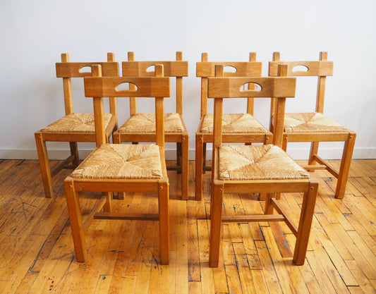 Set of Six Oak Dining Chairs with Rush Seats, c.1950